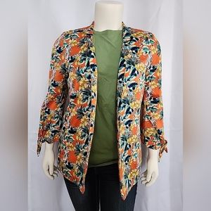 Tahari Casual Blazer Jacket Tie Sleeve Floral Hawaiian Tropical Orange Size 14